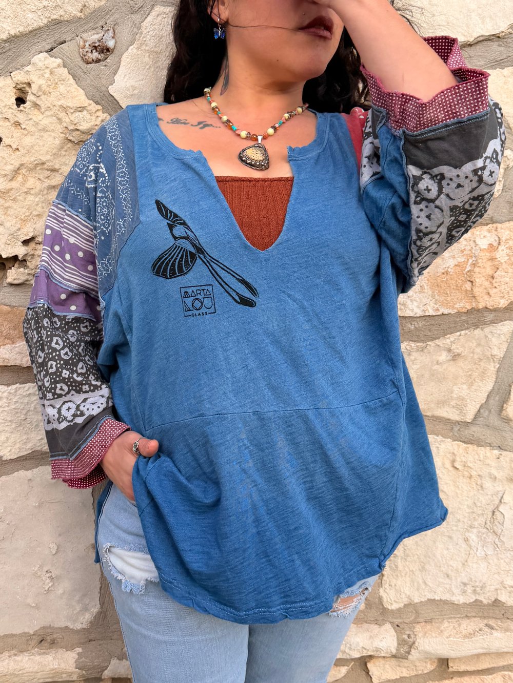 Image of Hand Stamped Free People Top — Scissor Tail Flycatcher & Bandana Sleeves
