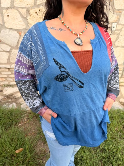 Image of Hand Stamped Free People Top — Scissor Tail Flycatcher & Bandana Sleeves