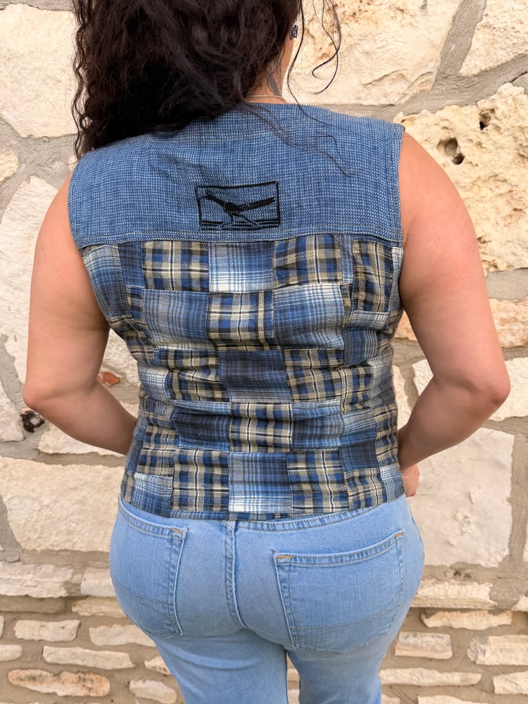 Image of Hand Stamped Patchwork Plaid Vest — Roadrunner