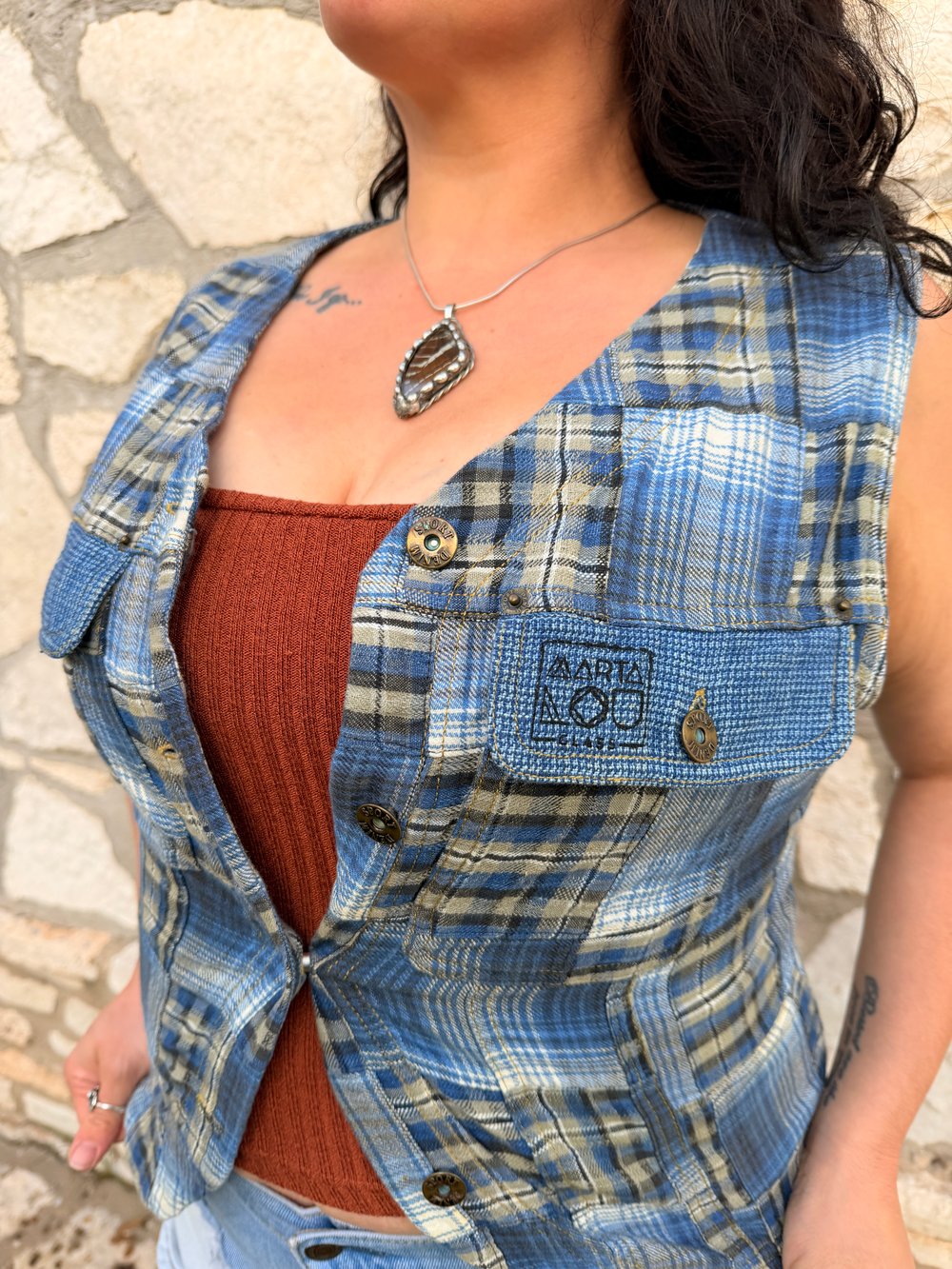 Image of Hand Stamped Patchwork Plaid Vest — Roadrunner