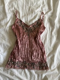 Image 1 of Vintage Y2K rare dusty pink crinkle cami with gun mental grey embellishment and micromesh hem