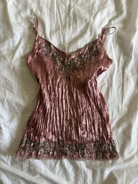 Image 3 of Vintage Y2K rare dusty pink crinkle cami with gun mental grey embellishment and micromesh hem