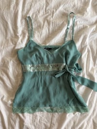 Image 1 of Vintage Y2K blue fairy cami with beads and sequin ribbon tie detail 
