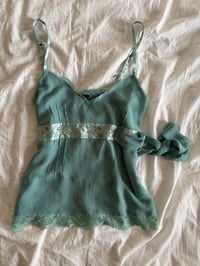 Image 4 of Vintage Y2K blue fairy cami with beads and sequin ribbon tie detail 