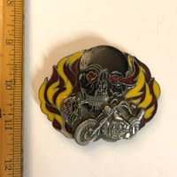 Image 1 of 1981 flaming skull motorcycle belt buckle 