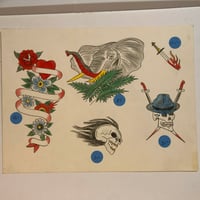 Image 1 of 1980’s hand drawn tattoo flash sheet Markus Dewey elephant 