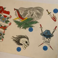 Image 2 of 1980’s hand drawn tattoo flash sheet Markus Dewey elephant 