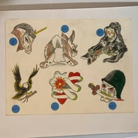 Image 1 of 1980’s hand drawn tattoo flash sheet Markus Dewey shotgun reaper 