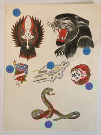 Image 1 of 1980’s hand drawn tattoo flash sheet Markus Dewey panther signed