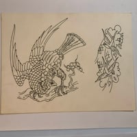 Image 1 of 1980’s hand drawn tattoo flash sheet Markus Dewey hawk signed