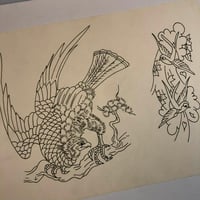 Image 2 of 1980’s hand drawn tattoo flash sheet Markus Dewey hawk signed