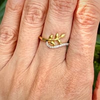 Image 4 of The Primrose - Two-Tone Leaf Ring - Natural Diamond & 18k Gold Plated Sterling Silver - Size 5