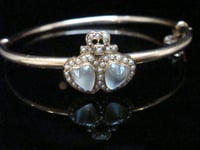 Image 1 of VICTORIAN EDWARDIAN 15CT DOUBLE HEART MOONSTONE SEED PEARL BANGLE 7G