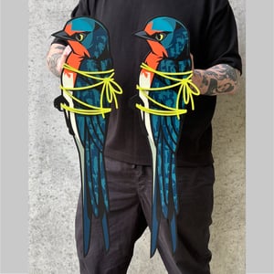 Image of Swallow (tied-up) original wood cut painting.