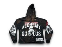 Image 1 of Alchemy Surplus Montclair State custom upcycled reworked Screen Print bleach black hoodie