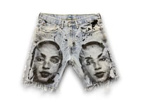 Image 1 of  Levi's 505 Sade Adu Upcycled Reworked custom Screen Print light wash denim Shorts 