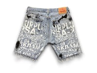 Image 2 of  Levi's 505 Sade Adu Upcycled Reworked custom Screen Print light wash denim Shorts 
