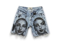 Image 1 of Wranglers Sade Adu Upcycled Reworked custom Screen Print light wash denim Shorts 