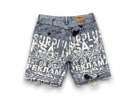Image 2 of Wranglers Sade Adu Upcycled Reworked custom Screen Print light wash denim Shorts 