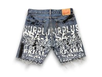 Image 1 of Levi's 505 Alchemy Surplus Upcycled Reworked custom Screen Print dark wash denim shorts 