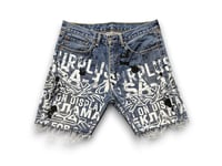 Image 2 of Levi's 505 Alchemy Surplus Upcycled Reworked custom Screen Print dark wash denim shorts 