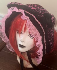 Image 1 of pink leopard x black cat ear hat/bonnet