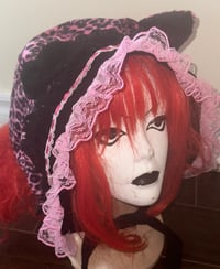 Image 2 of pink leopard x black cat ear hat/bonnet