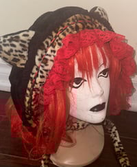 Image 2 of leopard print x black x red cat ear hat/bonnet