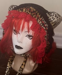 Image 1 of leopard print x black x red cat ear hat/bonnet