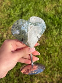Image 1 of Moss Agate Heart on Stand