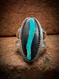Image 2 of WL&A Handmade Ingot Old Style Split Band Black Jack Blue Ribbon Turquoise Ring - Size 7