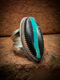 Image 1 of WL&A Handmade Ingot Old Style Split Band Black Jack Blue Ribbon Turquoise Ring - Size 7