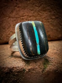 Image 1 of WL&A Handmade Ingot Old Style Split Band Black Jack Blue Ribbon Turquoise Ring - Size 7.5