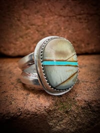 Image 1 of WL&A Handmade Ingot Old Style Split Band Royston Blue Ribbon Turquoise Ring - Size 6.5