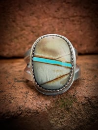 Image 2 of WL&A Handmade Ingot Old Style Split Band Royston Blue Ribbon Turquoise Ring - Size 6.5