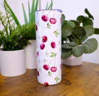 Image 1 of Handmade Cherry 20oz Stainless Steel Tumbler, flowers, cherries, cold, hot, gift