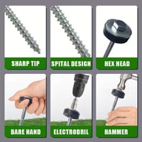 Image 3 of 10x 250mm Flat Top Screw-In Ground Pegs + Adaptor | Heavy Duty Drill Tent Pegs Hex Stakes