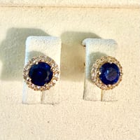Image 2 of The Odette - Sapphire & White Sapphire Halo Stud Earrings - 10k Yellow Gold