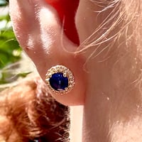 Image 1 of The Odette - Sapphire & White Sapphire Halo Stud Earrings - 10k Yellow Gold