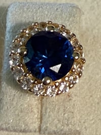 Image 4 of The Odette - Sapphire & White Sapphire Halo Stud Earrings - 10k Yellow Gold