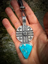 Image 1 of WL&A Handmade Navajo Blue Crossroads Silver Dollar Medicine Pendant - Size 4" x 2" 