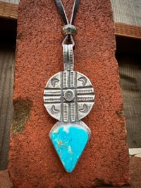 Image 3 of WL&A Handmade Navajo Blue Crossroads Silver Dollar Medicine Pendant - Size 4" x 2" 
