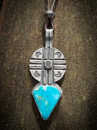 Image 4 of WL&A Handmade Navajo Blue Crossroads Silver Dollar Medicine Pendant - Size 4" x 2" 