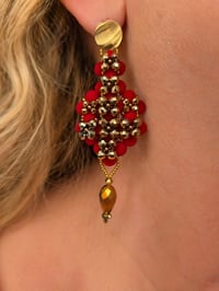 Image 1 of Crimson Luxe Beaded Statement Earrings – Gold-Tone Crystal Drop Dangle