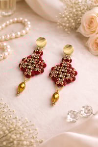 Image 2 of Crimson Luxe Beaded Statement Earrings – Gold-Tone Crystal Drop Dangle
