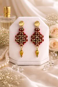Image 3 of Crimson Luxe Beaded Statement Earrings – Gold-Tone Crystal Drop Dangle