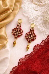 Image 4 of Crimson Luxe Beaded Statement Earrings – Gold-Tone Crystal Drop Dangle