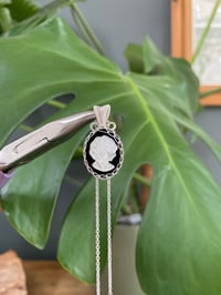 Image 2 of Silver Obsidian & Mother of Pearl Carving Oval Crystal Necklace 