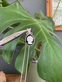 Image 3 of Silver Obsidian & Mother of Pearl Carving Oval Crystal Necklace 
