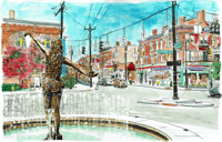 Watercolor Painting of Fountain on Ludlow Avenue